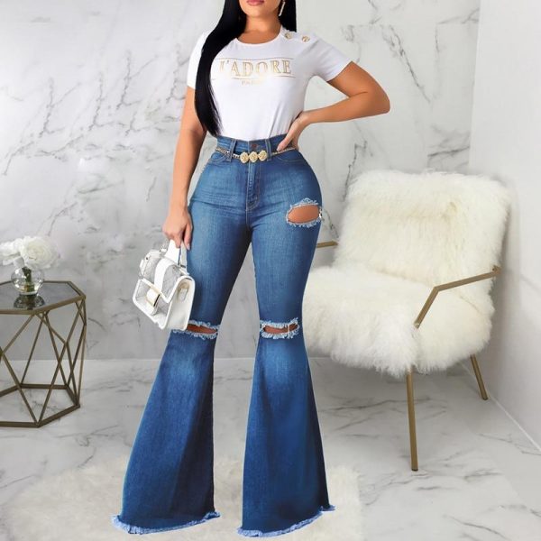 Knee Ripped Jeans Women Solid High Wasit Denim Pants Autumn Fashion Hole Flare Jeans Woman High Waist Sweatpants Femme - Takalr