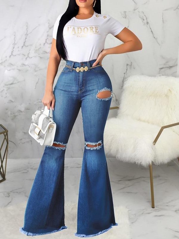 Knee Ripped Jeans Women Solid High Wasit Denim Pants Autumn Fashion Hole Flare Jeans Woman High Waist Sweatpants Femme - Takalr