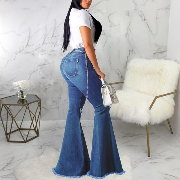 Knee Ripped Jeans Women Solid High Wasit Denim Pants Autumn Fashion Hole Flare Jeans Woman High Waist Sweatpants Femme - Takalr