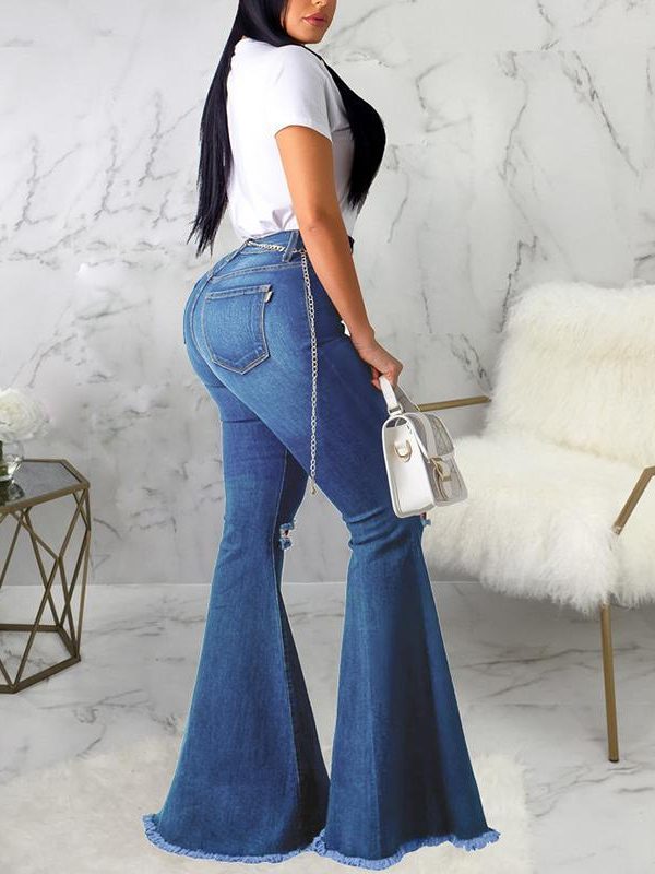 Knee Ripped Jeans Women Solid High Wasit Denim Pants Autumn Fashion Hole Flare Jeans Woman High Waist Sweatpants Femme - Takalr