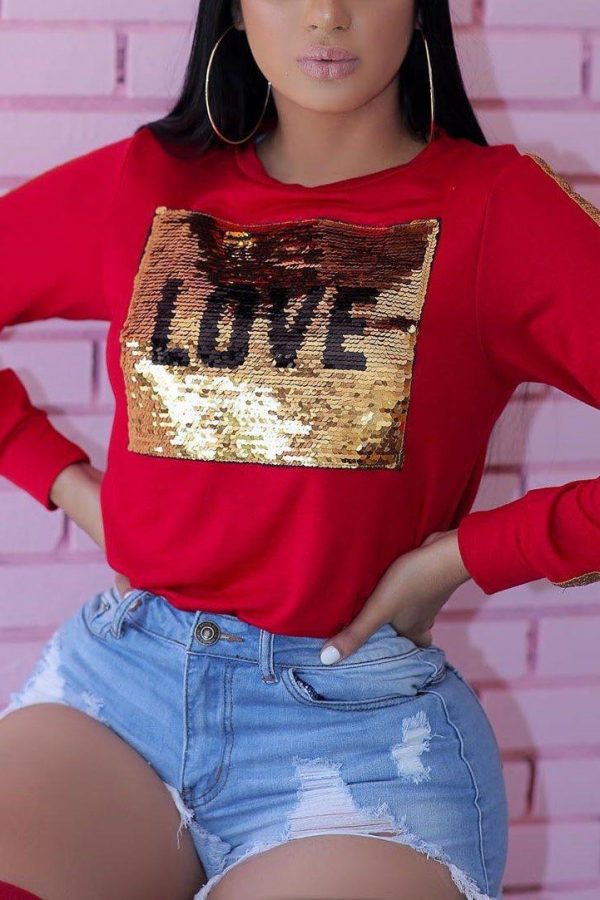 LOVE Sequined Patchwork Long Sleeve T Shirt Women Winter O Neck Casual Sequin Top Blusas Feminino Plus Size Woman Clothes - Takalr