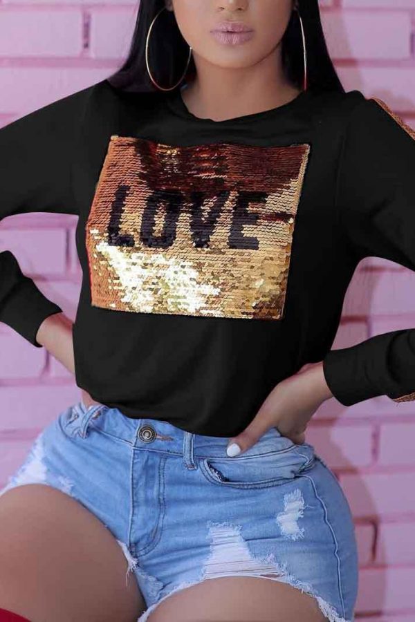 LOVE Sequined Patchwork Long Sleeve T Shirt Women Winter O Neck Casual Sequin Top Blusas Feminino Plus Size Woman Clothes - Takalr