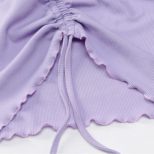 LVINMW V Neck Flare Sleeve Long Drawstring Slim Purple Crop Top Pleated Solid Simple Sweet T Shirts Women Casual Autumn Tops - Takalr