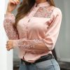 Lace Patchwork Long Sleeve T Shirt Women Single Breasted Pink Tshirt Elegant Office Ladies Work Wear Shirts Blusa Femme - Takalr