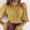 Lace Patchwork Puff Sleeve T Shirt Women Buttoned Petal Sleeve Elegant Office Ladies Tops Summer Blusas Mujer - Takalr