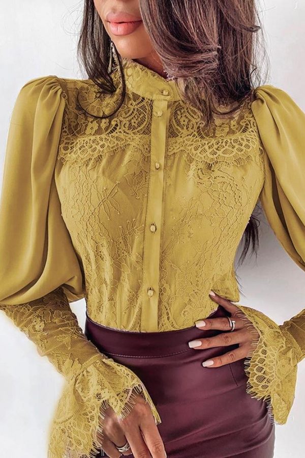 Lace Patchwork Puff Sleeve T Shirt Women Buttoned Petal Sleeve Elegant Office Ladies Tops Summer Blusas Mujer - Takalr