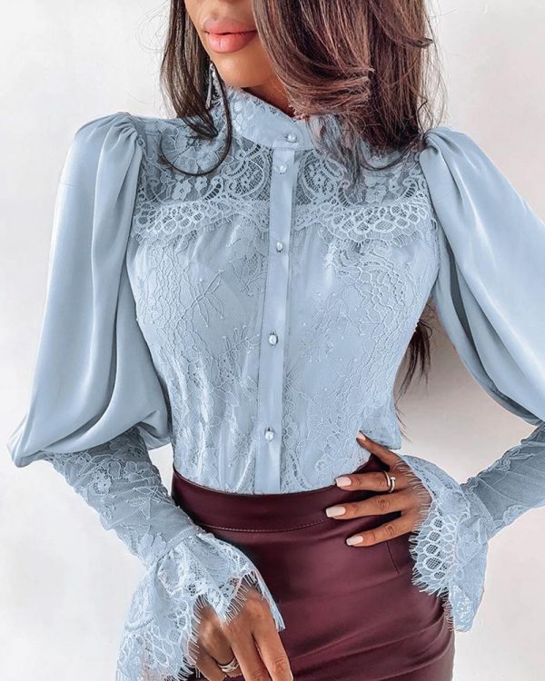 Lace Patchwork Puff Sleeve T Shirt Women Buttoned Petal Sleeve Elegant Office Ladies Tops Summer Blusas Mujer - Takalr