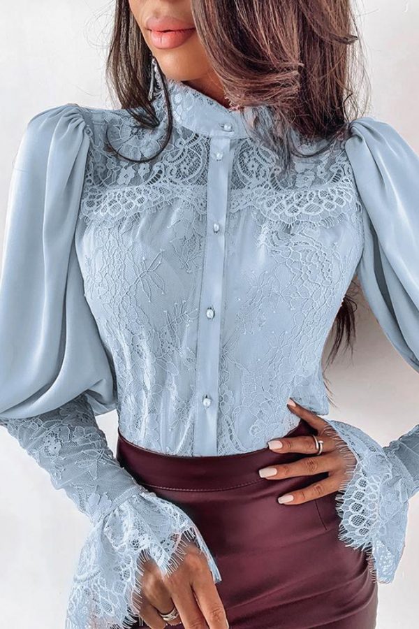 Lace Patchwork Puff Sleeve T Shirt Women Buttoned Petal Sleeve Elegant Office Ladies Tops Summer Blusas Mujer - Takalr