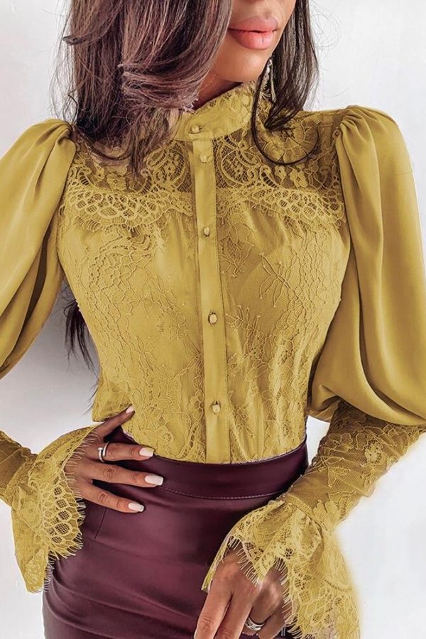 Lace Patchwork Puff Sleeve T Shirt Women Buttoned Petal Sleeve Elegant Office Ladies Tops Summer Blusas Mujer - Takalr