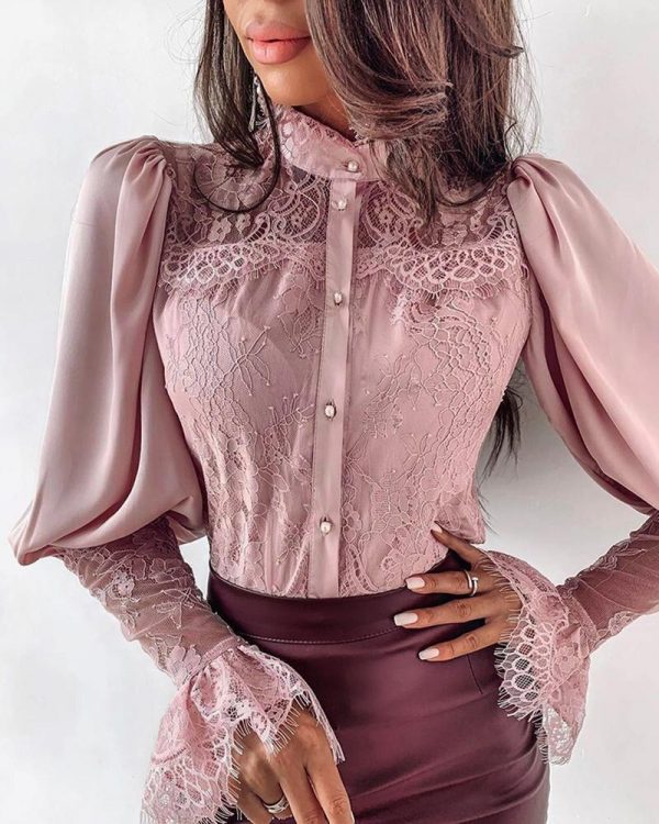 Lace Patchwork Puff Sleeve T Shirt Women Buttoned Petal Sleeve Elegant Office Ladies Tops Summer Blusas Mujer - Takalr