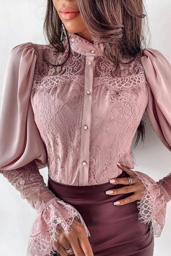 Lace Patchwork Puff Sleeve T Shirt Women Buttoned Petal Sleeve Elegant Office Ladies Tops Summer Blusas Mujer - Takalr