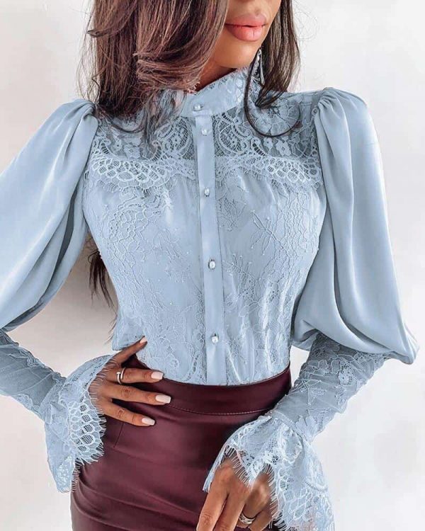 Lace Patchwork Puff Sleeve T Shirt Women Buttoned Petal Sleeve Elegant Office Ladies Tops Summer Blusas Mujer - Takalr