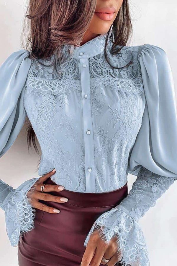 Lace Patchwork Puff Sleeve T Shirt Women Buttoned Petal Sleeve Elegant Office Ladies Tops Summer Blusas Mujer - Takalr