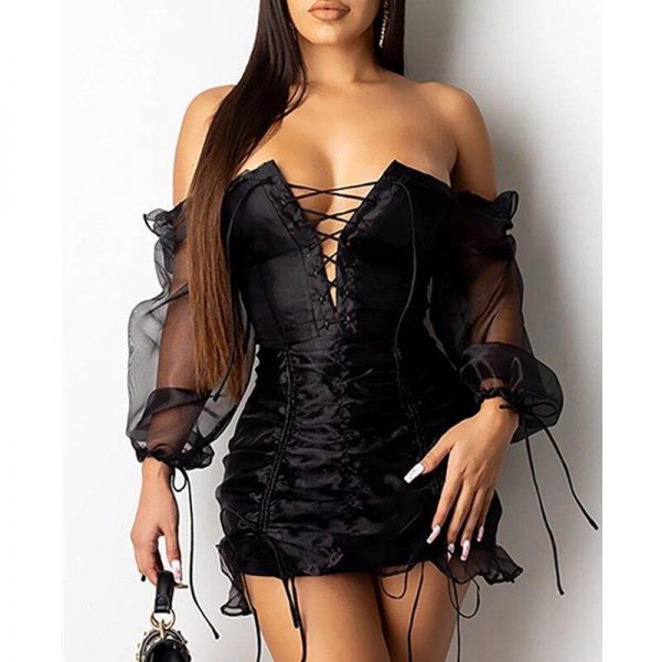 Lace Up Mesh Sleeve Dress Women Ruched Design Long Sleeve Bodycon Party Dress Summer Off Shoulder Sexy Mini Dresses - Takalr