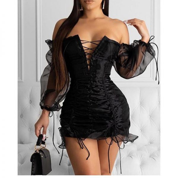 Lace Up Mesh Sleeve Dress Women Ruched Design Long Sleeve Bodycon Party Dress Summer Off Shoulder Sexy Mini Dresses - Takalr