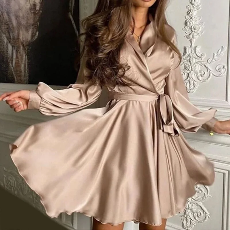 Lace Up Satin a Line Party Nightclub Dress Long Sleeve Robe Dress Fashion Mini Casual High Waist Autumn Fashion - Image 8