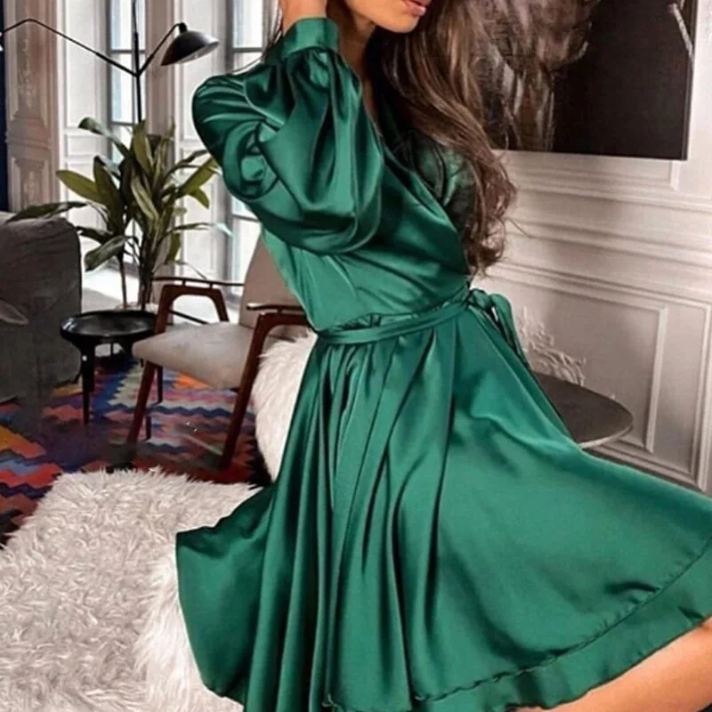 Lace Up Satin a Line Party Nightclub Dress Long Sleeve Robe Dress Fashion Mini Casual High Waist Autumn Fashion - Image 7