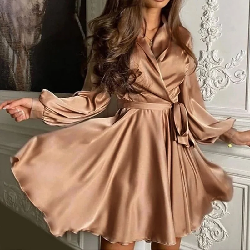 Lace Up Satin a Line Party Nightclub Dress Long Sleeve Robe Dress Fashion Mini Casual High Waist Autumn Fashion - Image 6