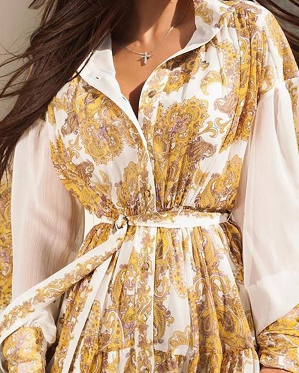 Lantern Sleeve Retro Print Shirt Dress Wonen turn down collar long sleeve dresss autumn streetwear Eelegant robe femme - Takalr