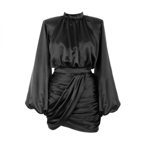 Lantern Sleeve Turtleneck Satin Dress Women Solid Black Bodycon Dresses Long Sleeve High Waist New Mini Vestidos - Takalr