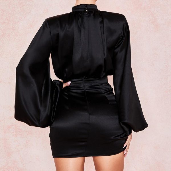 Lantern Sleeve Turtleneck Satin Dress Women Solid Black Bodycon Dresses Long Sleeve High Waist New Mini Vestidos - Takalr