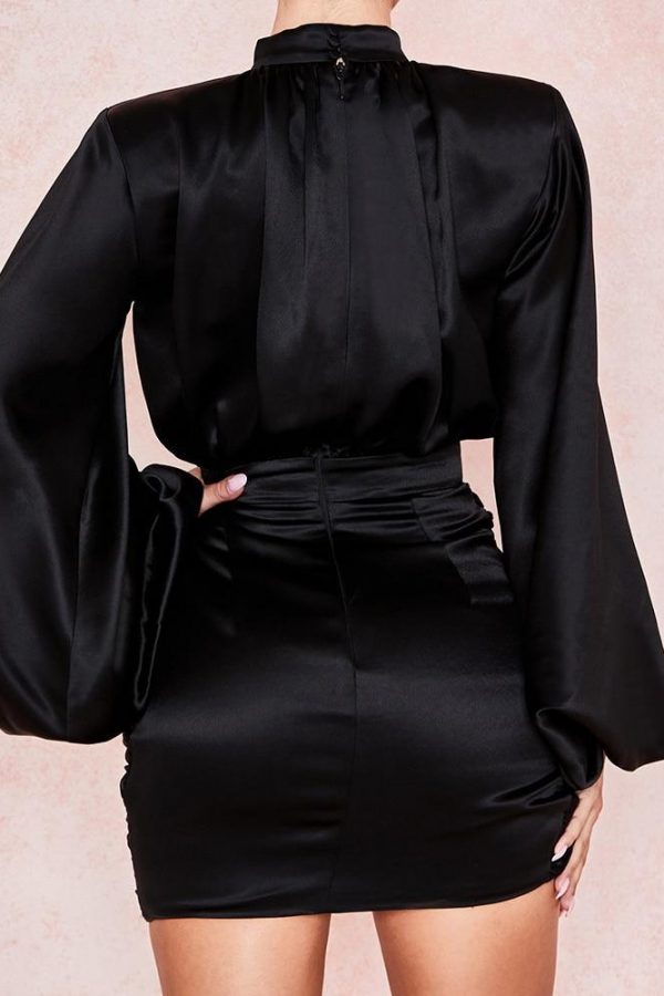 Lantern Sleeve Turtleneck Satin Dress Women Solid Black Bodycon Dresses Long Sleeve High Waist New Mini Vestidos - Takalr