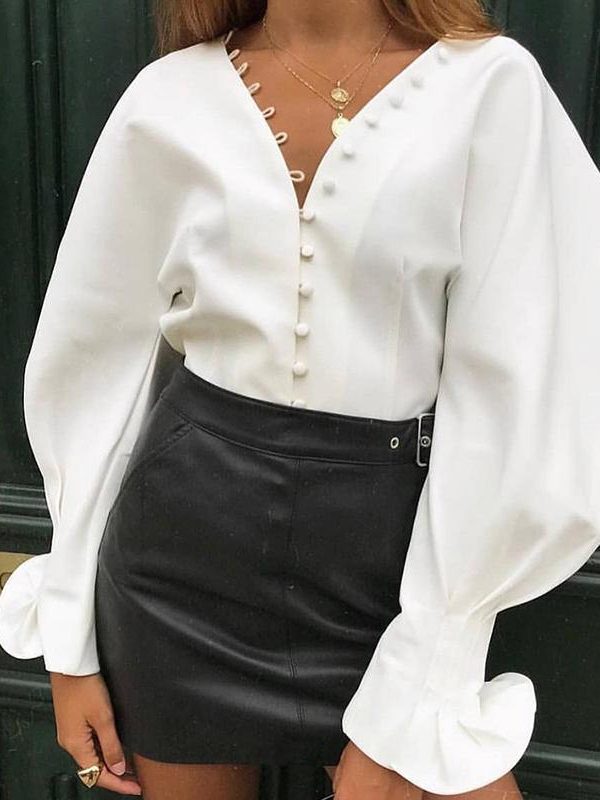 Lantern sleeve blouse women long sleeve  v neck blouses Autumn button solid white shirt Elegant ladies workwear top blusas - Takalr