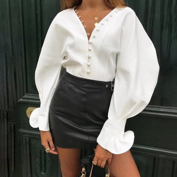 Lantern sleeve blouse women long sleeve  v neck blouses Autumn button solid white shirt Elegant ladies workwear top blusas - Takalr