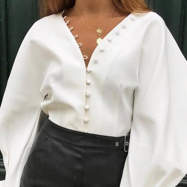 Lantern sleeve blouse women long sleeve  v neck blouses Autumn button solid white shirt Elegant ladies workwear top blusas - Takalr