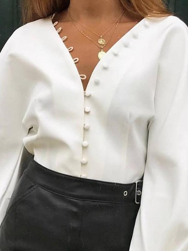 Lantern sleeve blouse women long sleeve  v neck blouses Autumn button solid white shirt Elegant ladies workwear top blusas - Takalr