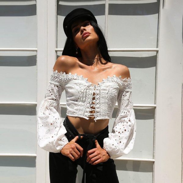 Lantern sleeve lace up blouse for women Summer off shoulder white lace tops Womens tops and blouses Hollow out blusa mujer - Takalr