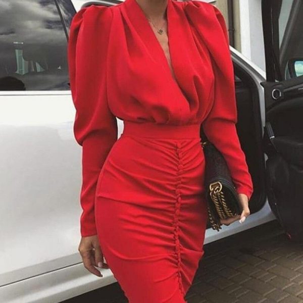 Leg-of-Mutton Sleeve Plunge Party DRESS Women Long Sleeve V Neck Bodycon Dresses Ruched Designed Kneered Vestidos - Takalr