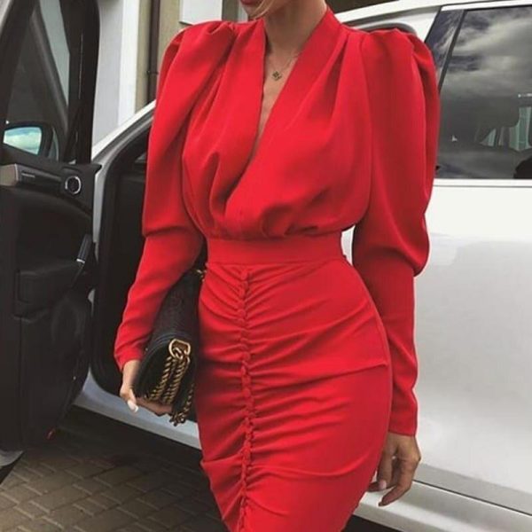 Leg-of-Mutton Sleeve Plunge Party DRESS Women Long Sleeve V Neck Bodycon Dresses Ruched Designed Kneered Vestidos - Takalr