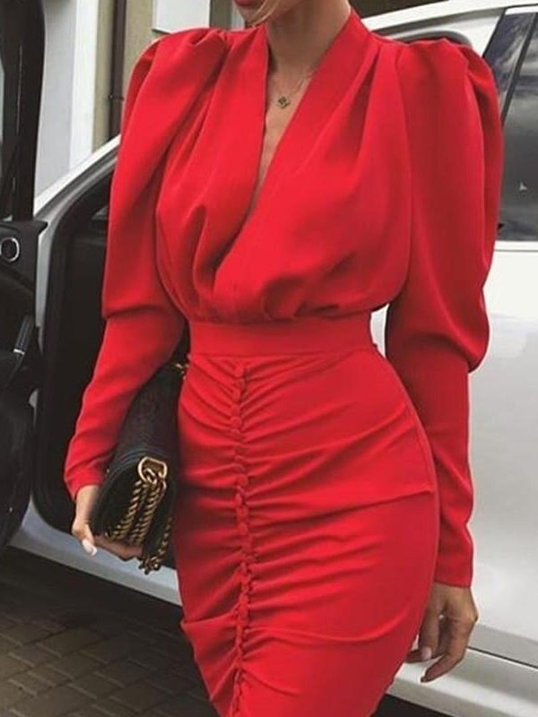 Leg-of-Mutton Sleeve Plunge Party DRESS Women Long Sleeve V Neck Bodycon Dresses Ruched Designed Kneered Vestidos - Takalr