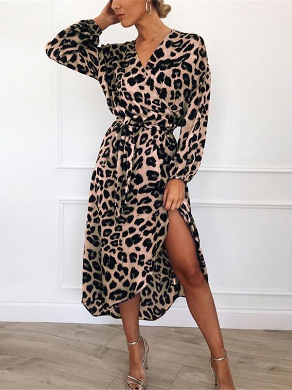 Leopard Women Chiffon Long Dress Long Sleeve Deep V-neck Party Dress - Takalr