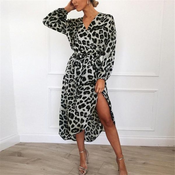 Leopard Women Chiffon Long Dress Long Sleeve Deep V-neck Party Dress - Takalr