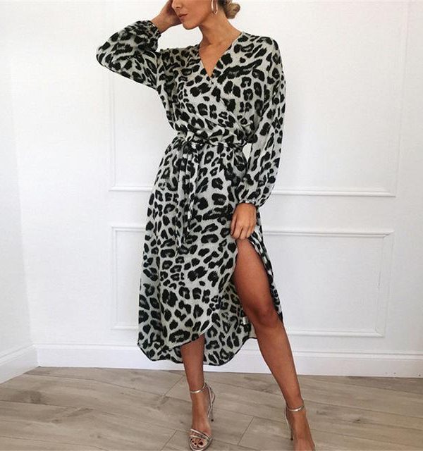 Leopard Women Chiffon Long Dress Long Sleeve Deep V-neck Party Dress - Takalr