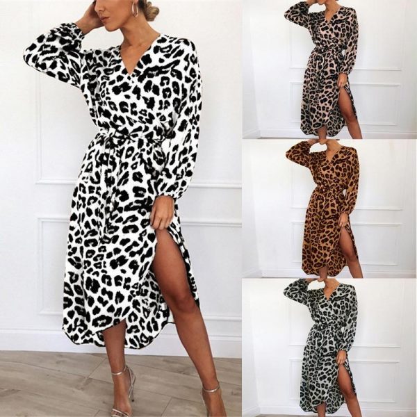 Leopard Women Chiffon Long Dress Long Sleeve Deep V-neck Party Dress - Takalr