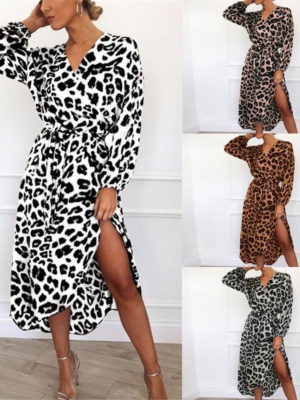 Leopard Women Chiffon Long Dress Long Sleeve Deep V-neck Party Dress - Takalr