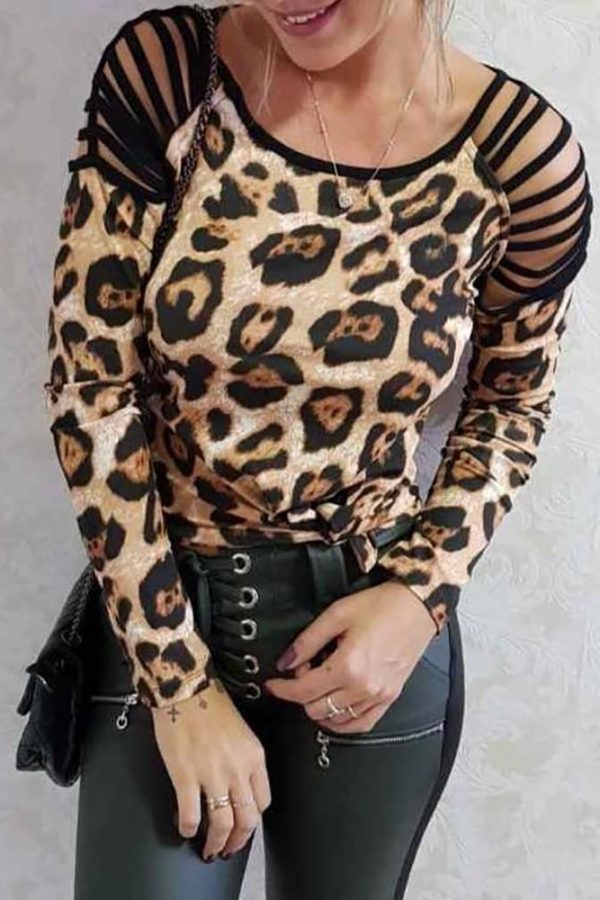 Leopard Print Black T Shirt Ladder Cut Out Long Sleeve T-shirt Women Casual O Neck Summer Tops Women Clothes - Takalr