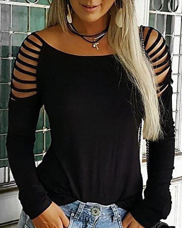 Leopard Print Black T Shirt Ladder Cut Out Long Sleeve T-shirt Women Casual O Neck Summer Tops Women Clothes - Takalr