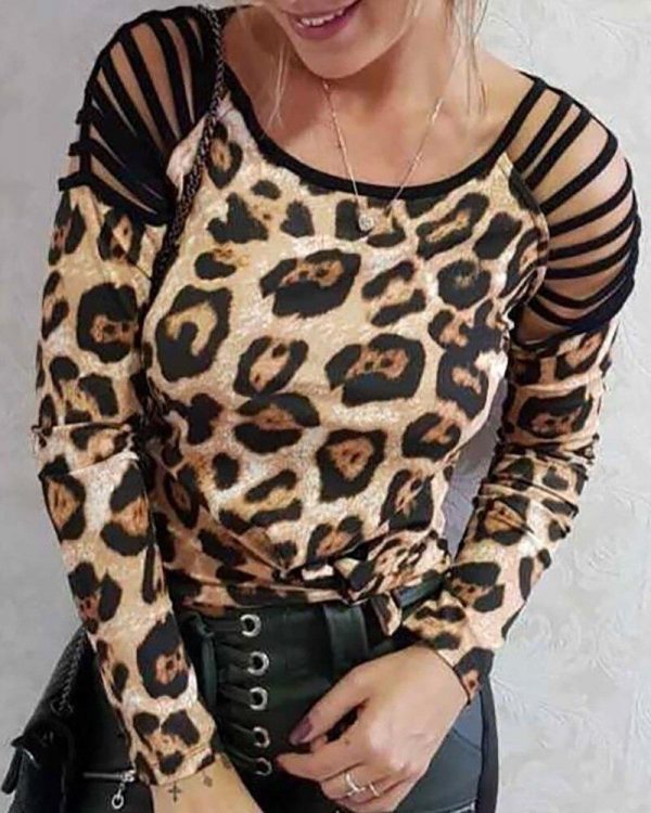 Leopard Print Black T Shirt Ladder Cut Out Long Sleeve T-shirt Women Casual O Neck Summer Tops Women Clothes - Takalr