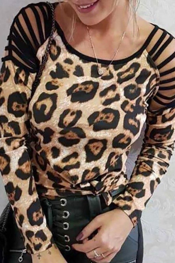 Leopard Print Black T Shirt Ladder Cut Out Long Sleeve T-shirt Women Casual O Neck Summer Tops Women Clothes - Takalr