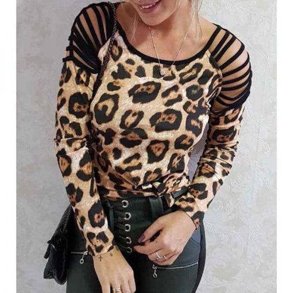 Leopard Print Black T Shirt Ladder Cut Out Long Sleeve T-shirt Women Casual O Neck Summer Tops Women Clothes - Takalr