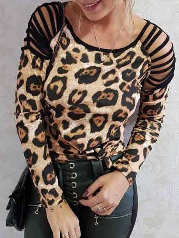 Leopard Print Black T Shirt Ladder Cut Out Long Sleeve T-shirt Women Casual O Neck Summer Tops Women Clothes - Takalr