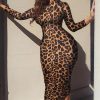 Leopard Print Long Sleeve Bodycon Dress Women Slim Fit Sexy Dress Autumn Tight Knee Stretchy Dresses Robe Femme - Takalr