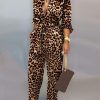 Leopard Print Long Sleeve Women Jumpsuit Sashes Tied Waist Wide Leg Rompers Womens Jumpsuit Casual Loose V Neck Long Overalls - Takalr