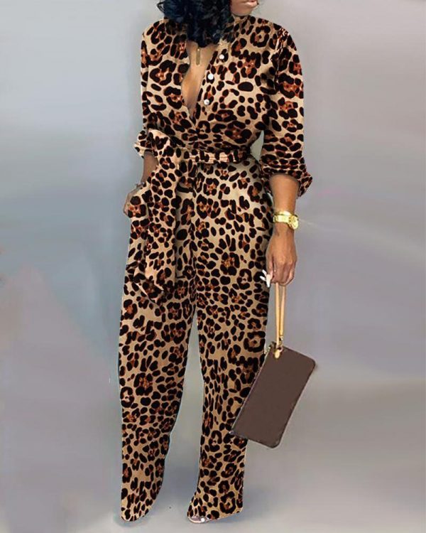 Leopard Print Long Sleeve Women Jumpsuit Sashes Tied Waist Wide Leg Rompers Womens Jumpsuit Casual Loose V Neck Long Overalls - Takalr