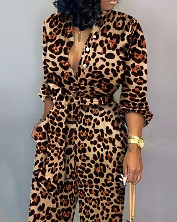 Leopard Print Long Sleeve Women Jumpsuit Sashes Tied Waist Wide Leg Rompers Womens Jumpsuit Casual Loose V Neck Long Overalls - Takalr