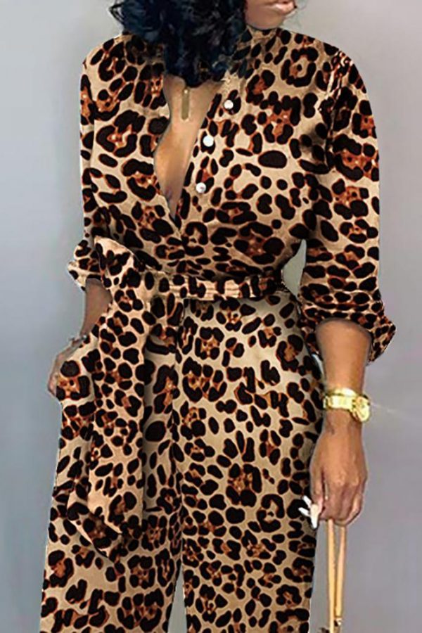 Leopard Print Long Sleeve Women Jumpsuit Sashes Tied Waist Wide Leg Rompers Womens Jumpsuit Casual Loose V Neck Long Overalls - Takalr